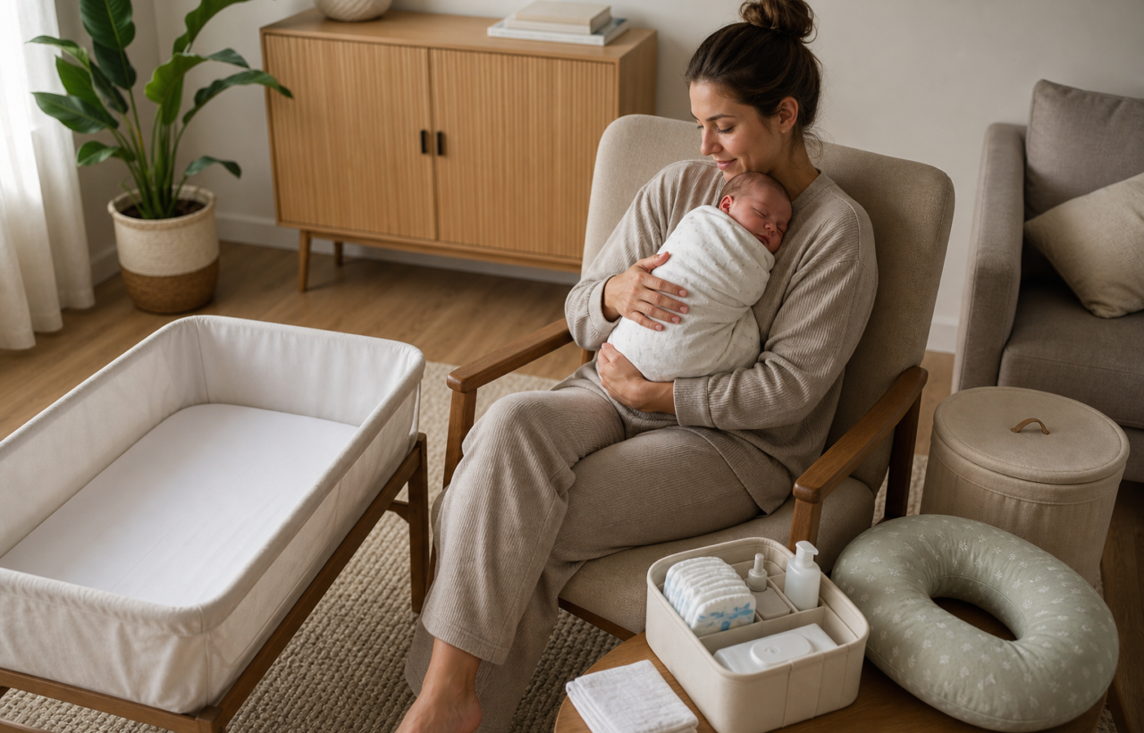 Parent holding a sleeping swaddled newborn in a living room equipped with a bassinet, changing caddy, diapers, burp cloths, and laundry hamper.