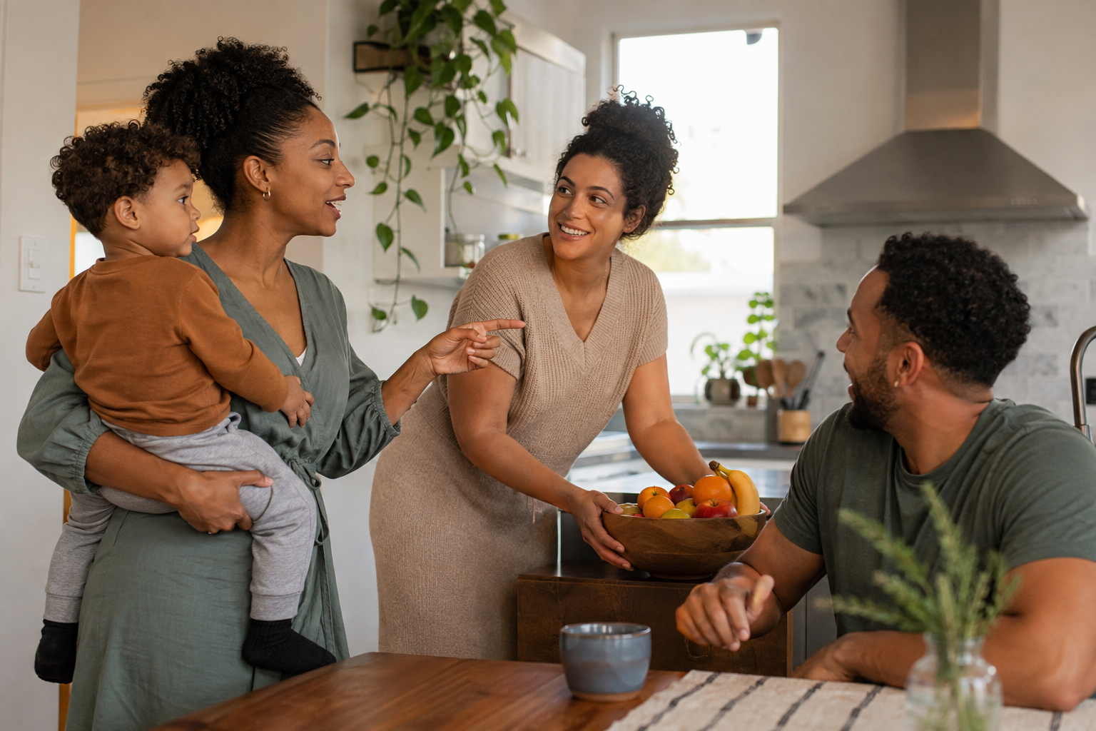 A parent holding a toddler speaks with an aunt and uncle during an everyday moment in the kitchen.
