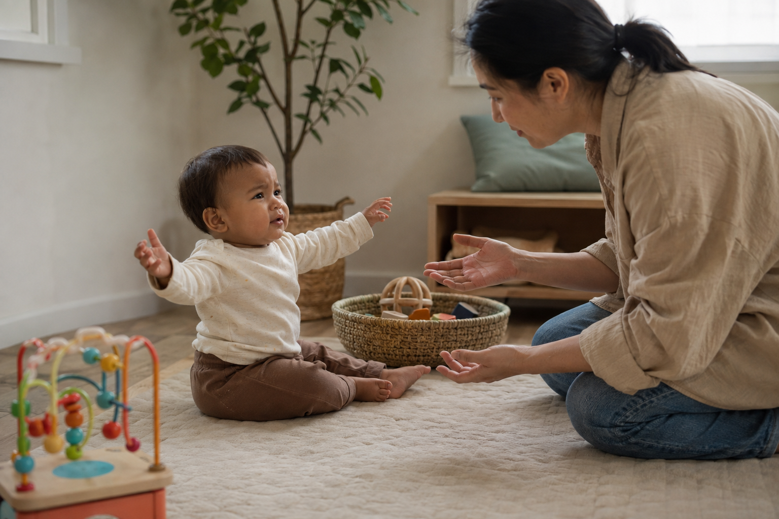 A seated baby lifts both arms toward a kneeling caregiver who responds with open hands and calm attention.