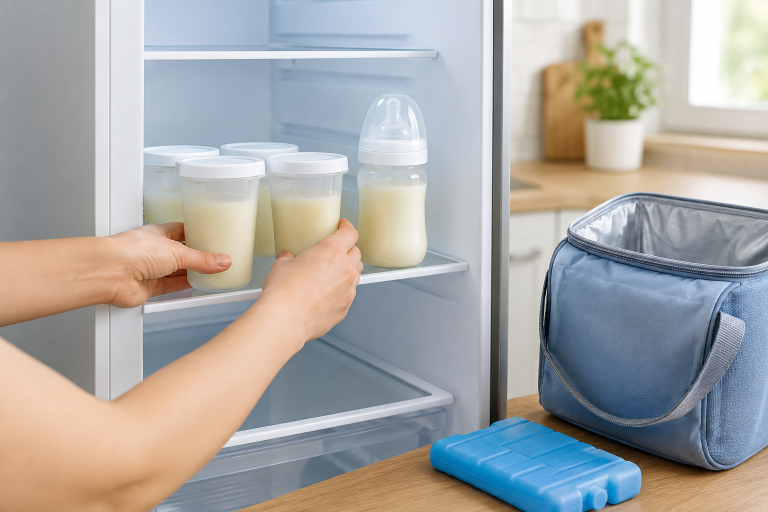 Clean hands place sealed containers of expressed breast milk in a refrigerator beside a capped bottle, with a cooler and cold pack nearby.