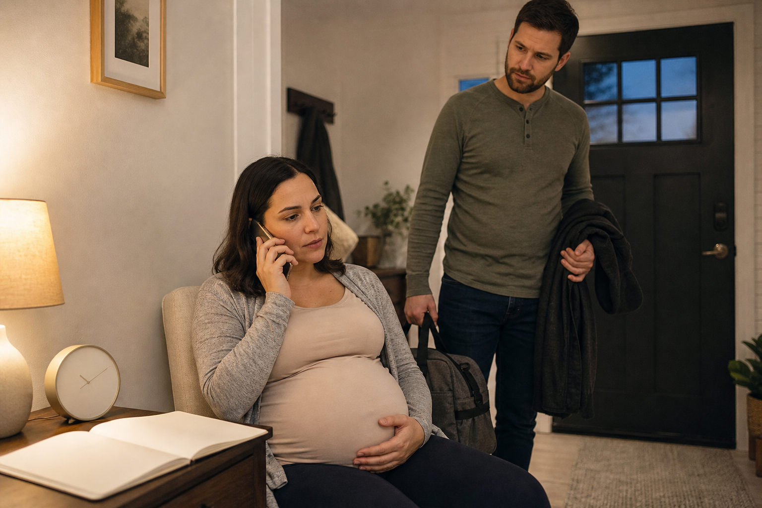 A pregnant person calls a healthcare provider at home while a supportive partner waits nearby with a small bag.