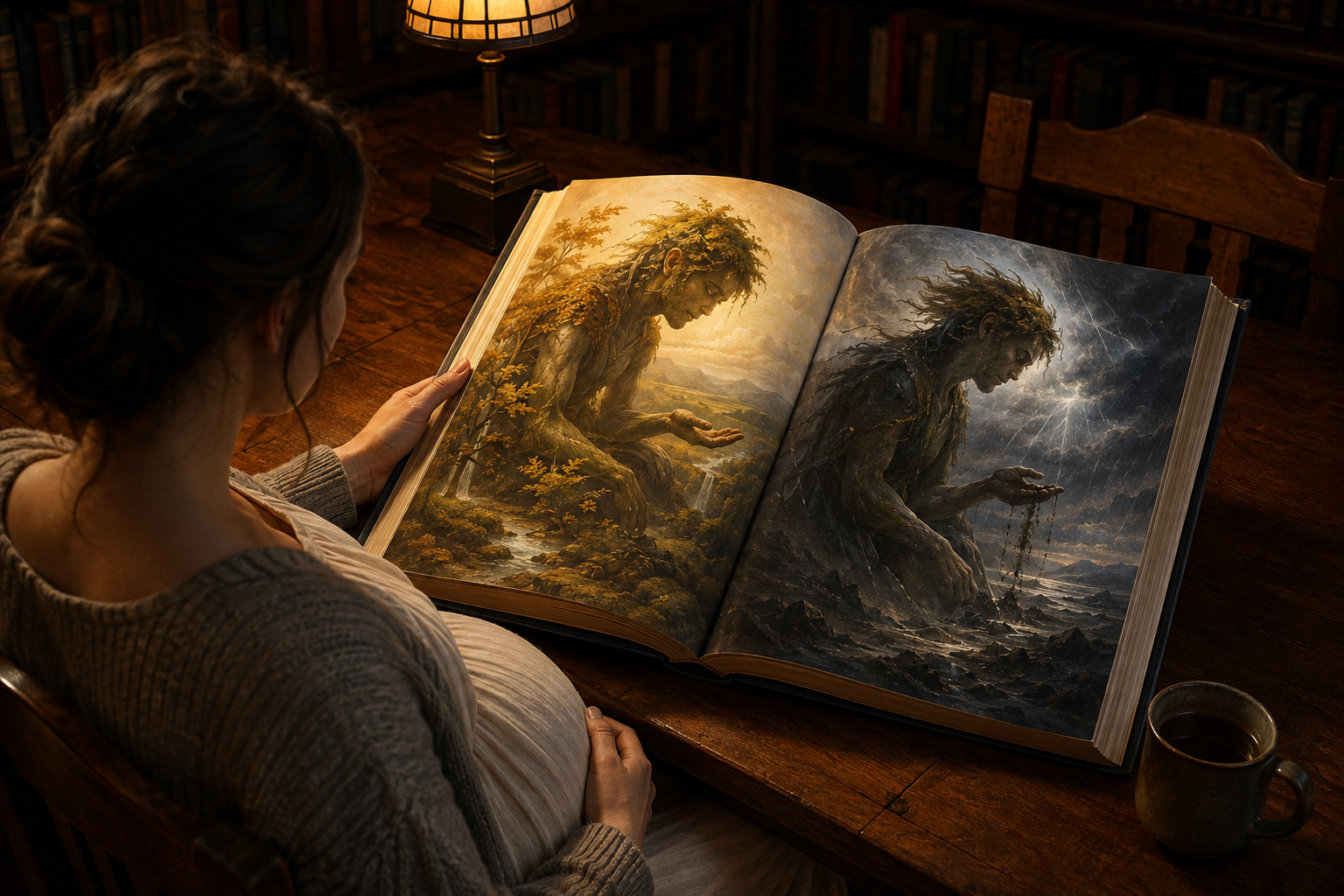 An expectant parent studies an illustrated mythology book showing the bright and shadowed sides of the same fictional character.