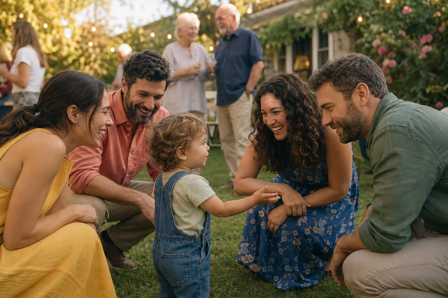 A toddler greets several aunts and uncles at a multigenerational backyard gathering.