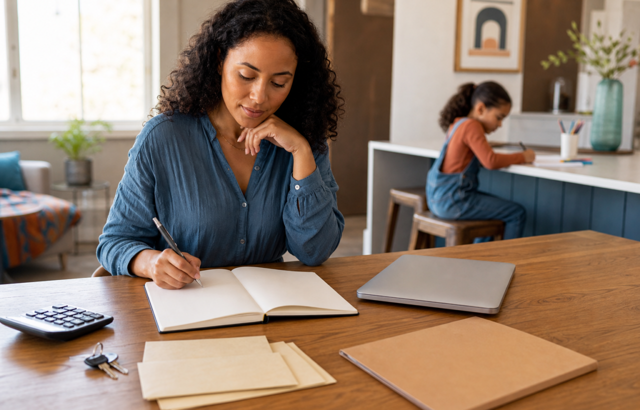 A mother organizes blank documents, a calculator, keys, and envelopes at a dining table while her child draws nearby.