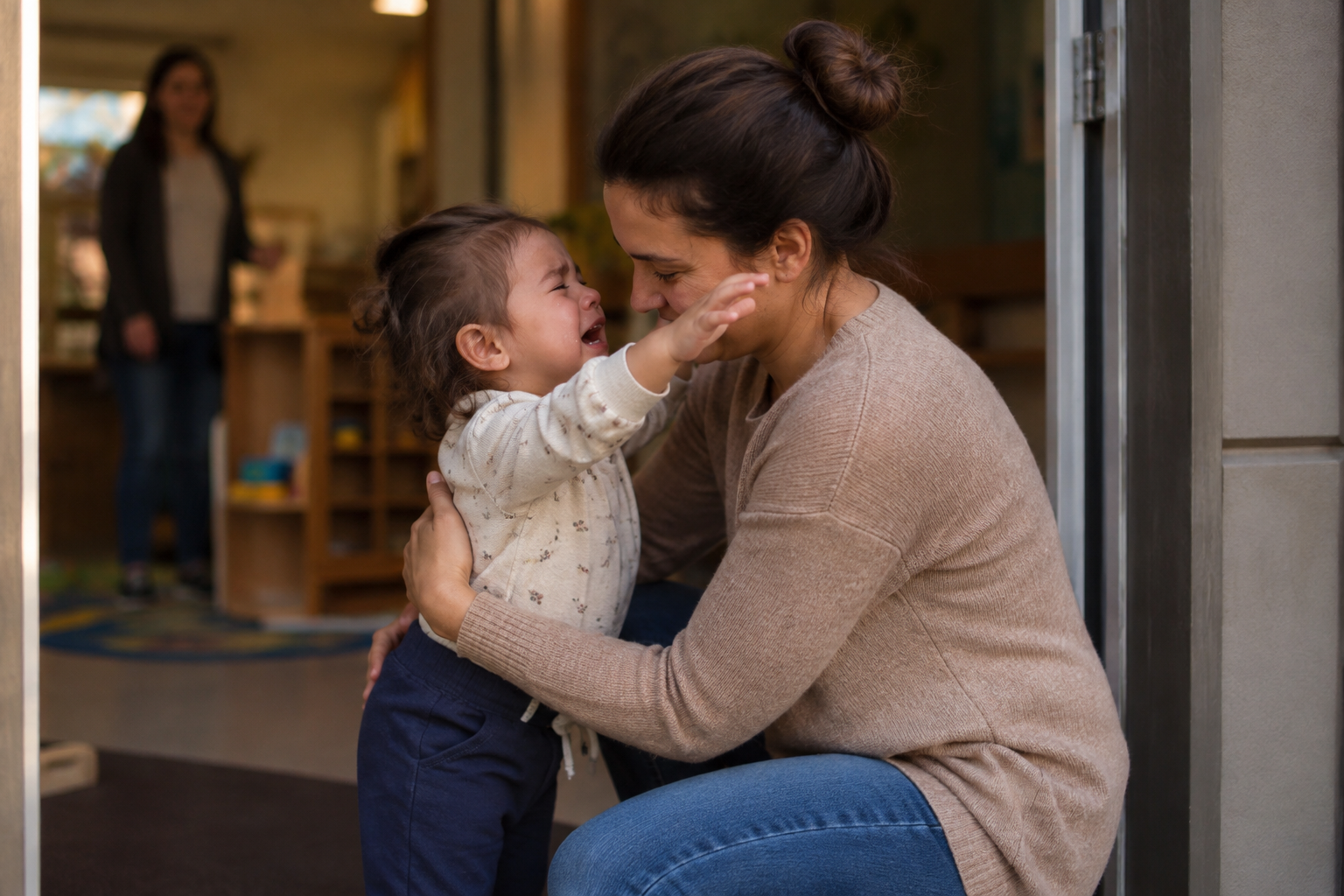 A crying young child reaches up to a crouching caregiver during a reunion in a childcare room.