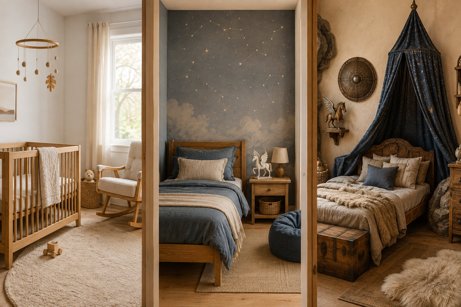 Three modern rooms show a progression from a subtle leaf motif to increasingly prominent mythology-inspired decor.