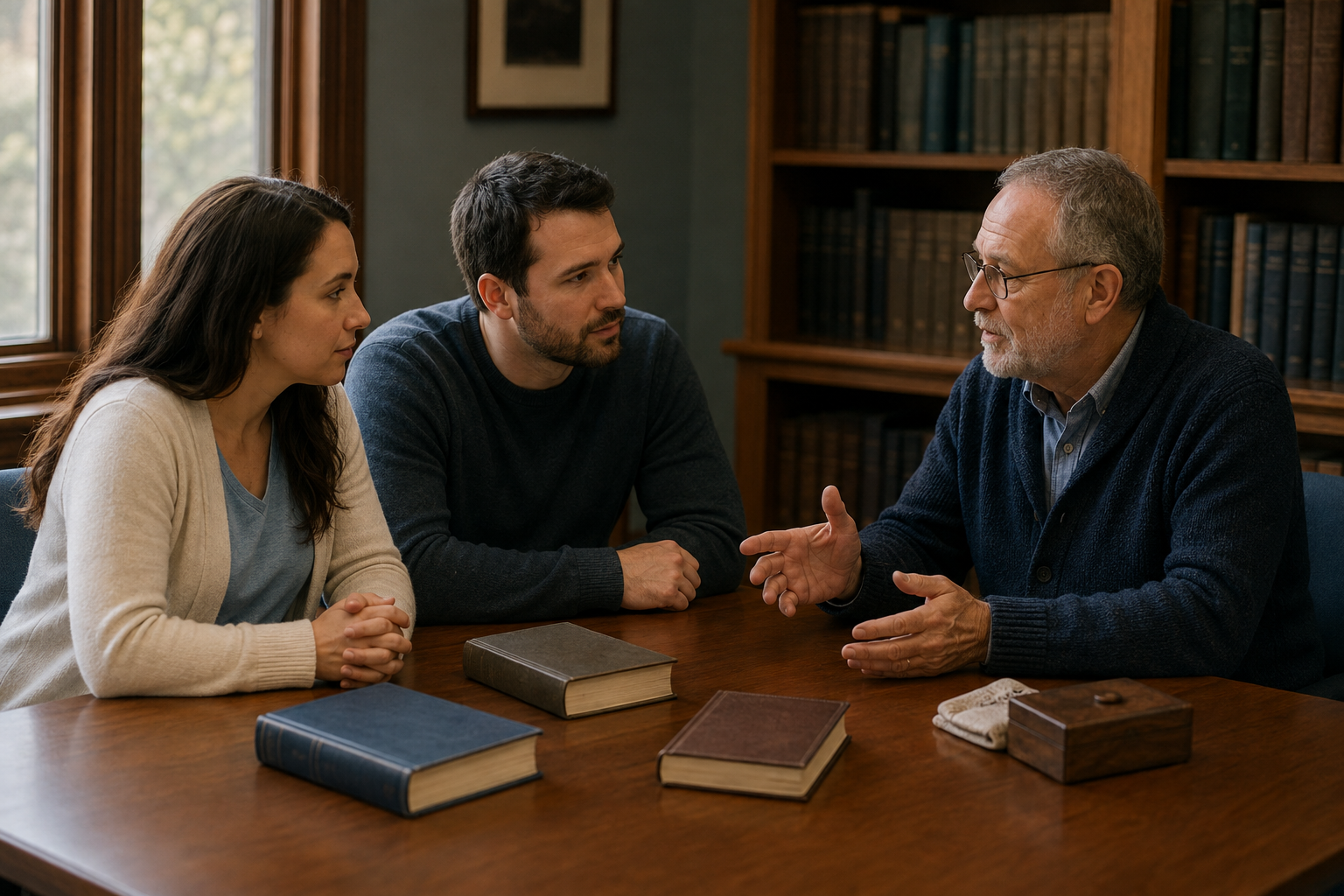 Prospective parents listen to an older community member during a conversation at a library table with reference books and a family keepsake.