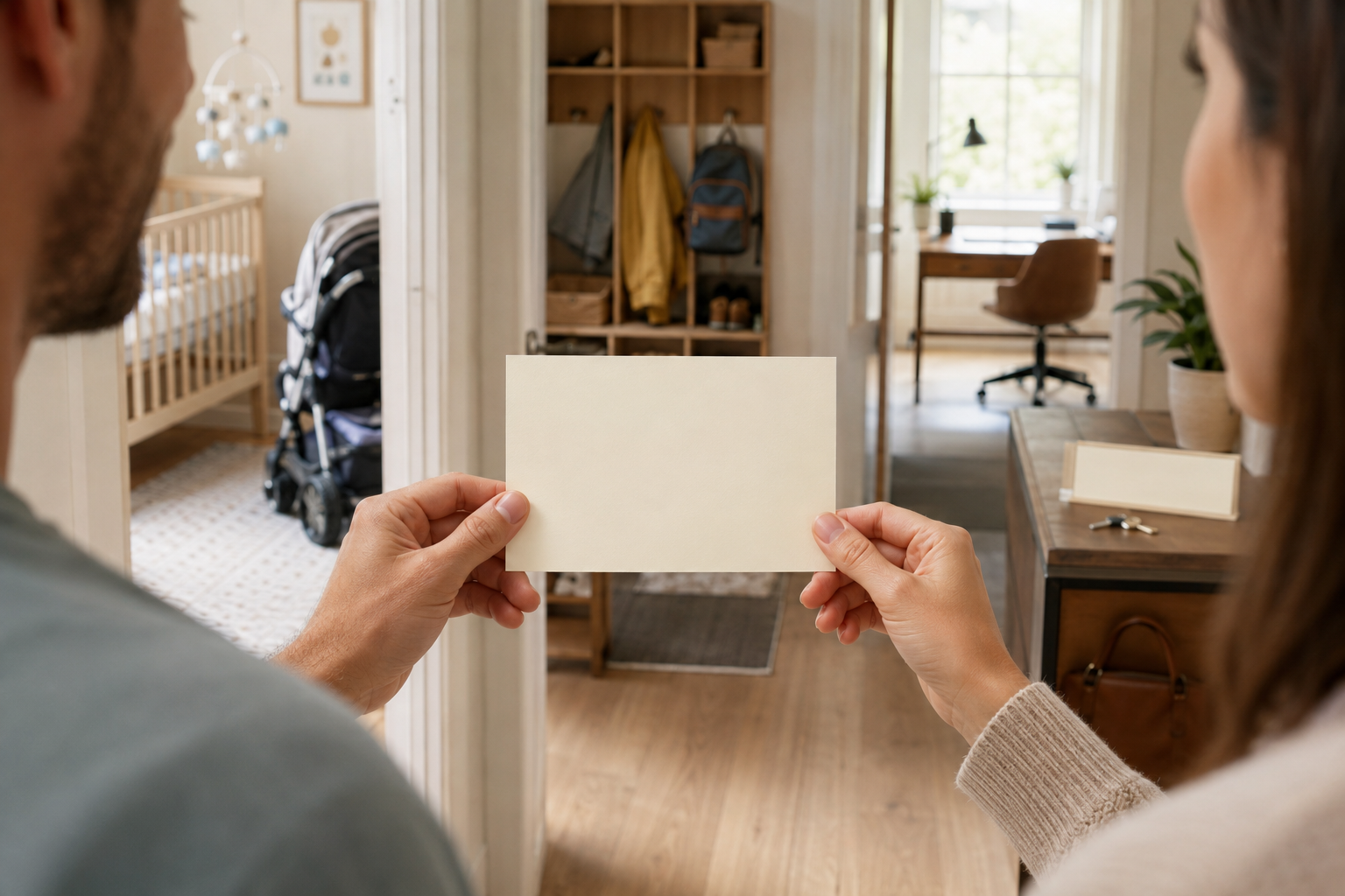 Prospective parents hold a blank name card in front of a setting that transitions from a nursery to a school cubby and an adult workplace.