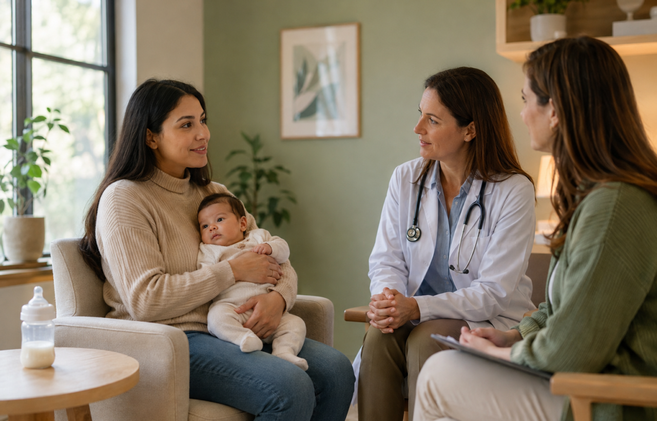 A parent cradles a baby while a clinician and lactation specialist discuss feeding in a softly lit clinic room.