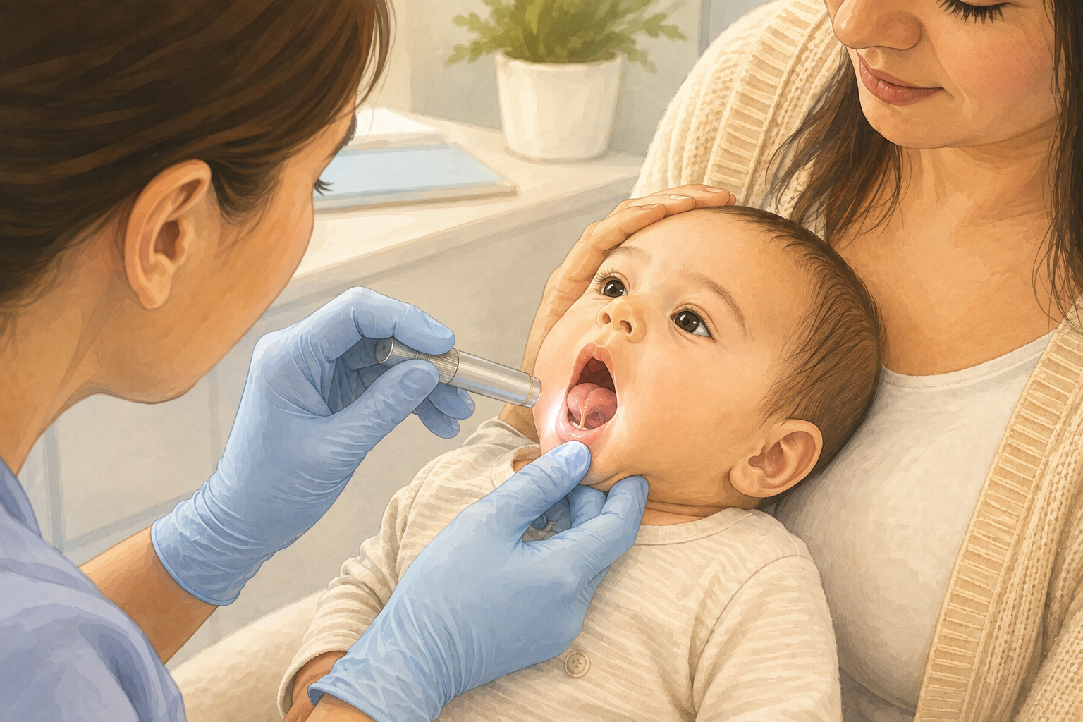 A clinician gently examines an infant's tongue movement and the tissue beneath the tongue while the baby is supported on a caregiver's lap.