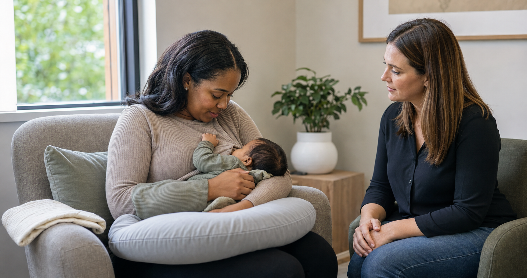 A feeding specialist observes a parent feeding a baby in a supported position during a clinic appointment.