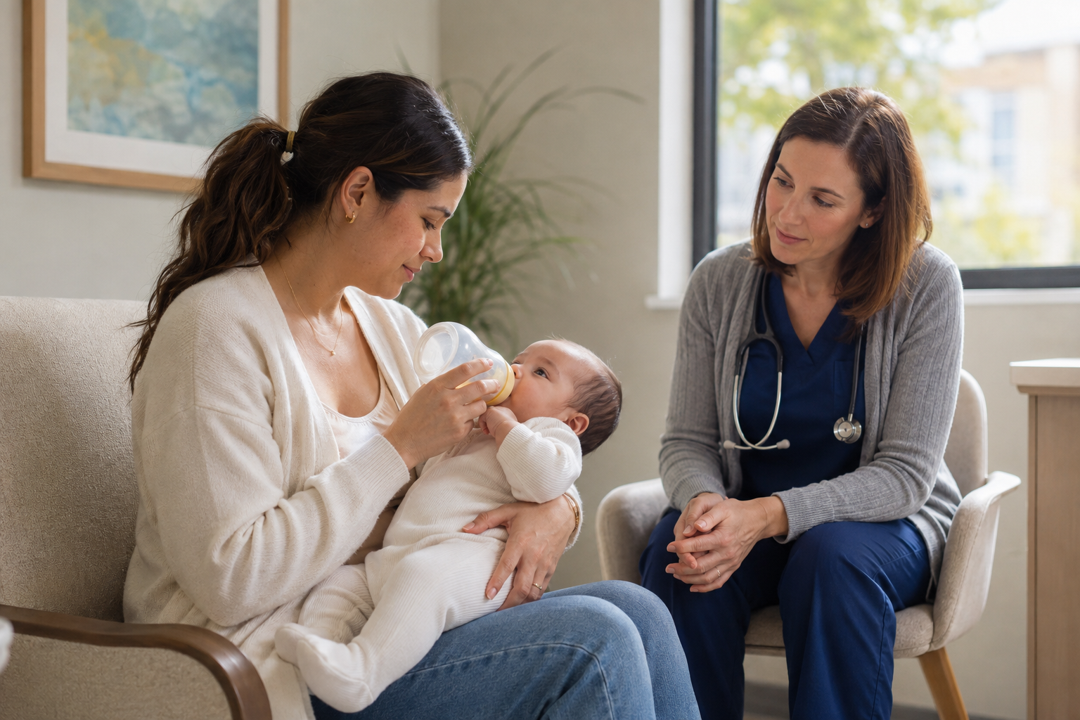 A clinician observes a baby feeding comfortably in a parent's arms during a follow-up visit.