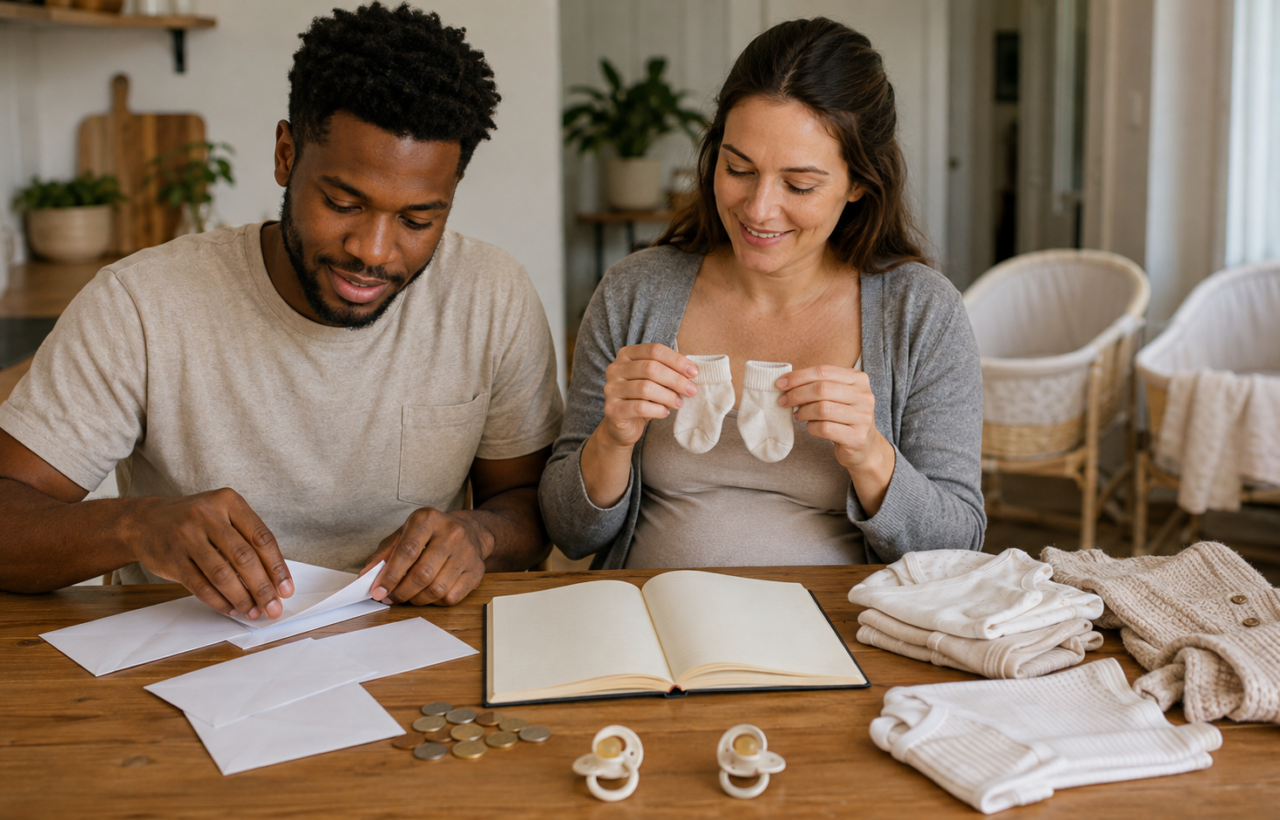Two expectant parents sort blank budget envelopes and twin baby supplies at a kitchen table, with two bassinets in the background.