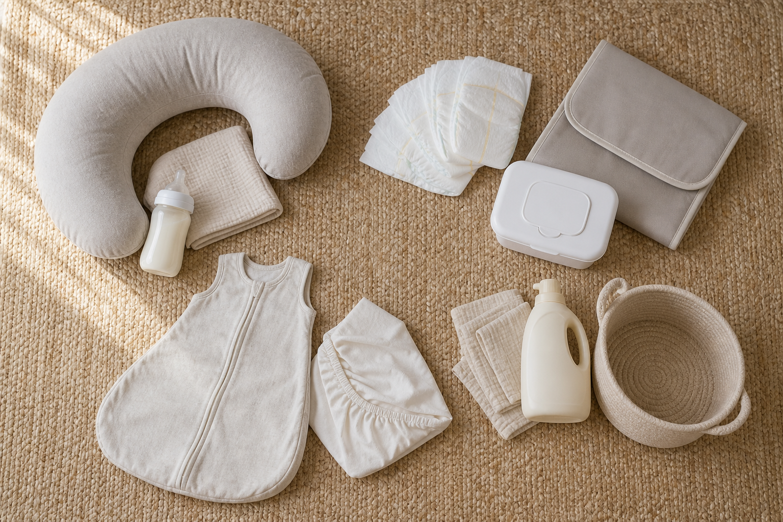 Overhead arrangement of newborn feeding, diaper-changing, safe-sleep, and cleanup supplies grouped on a neutral rug.
