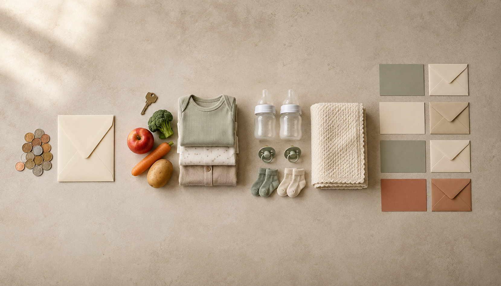 Four unlabeled groups of household, baby, and budgeting objects arranged on a table to represent stages of planning for twins.