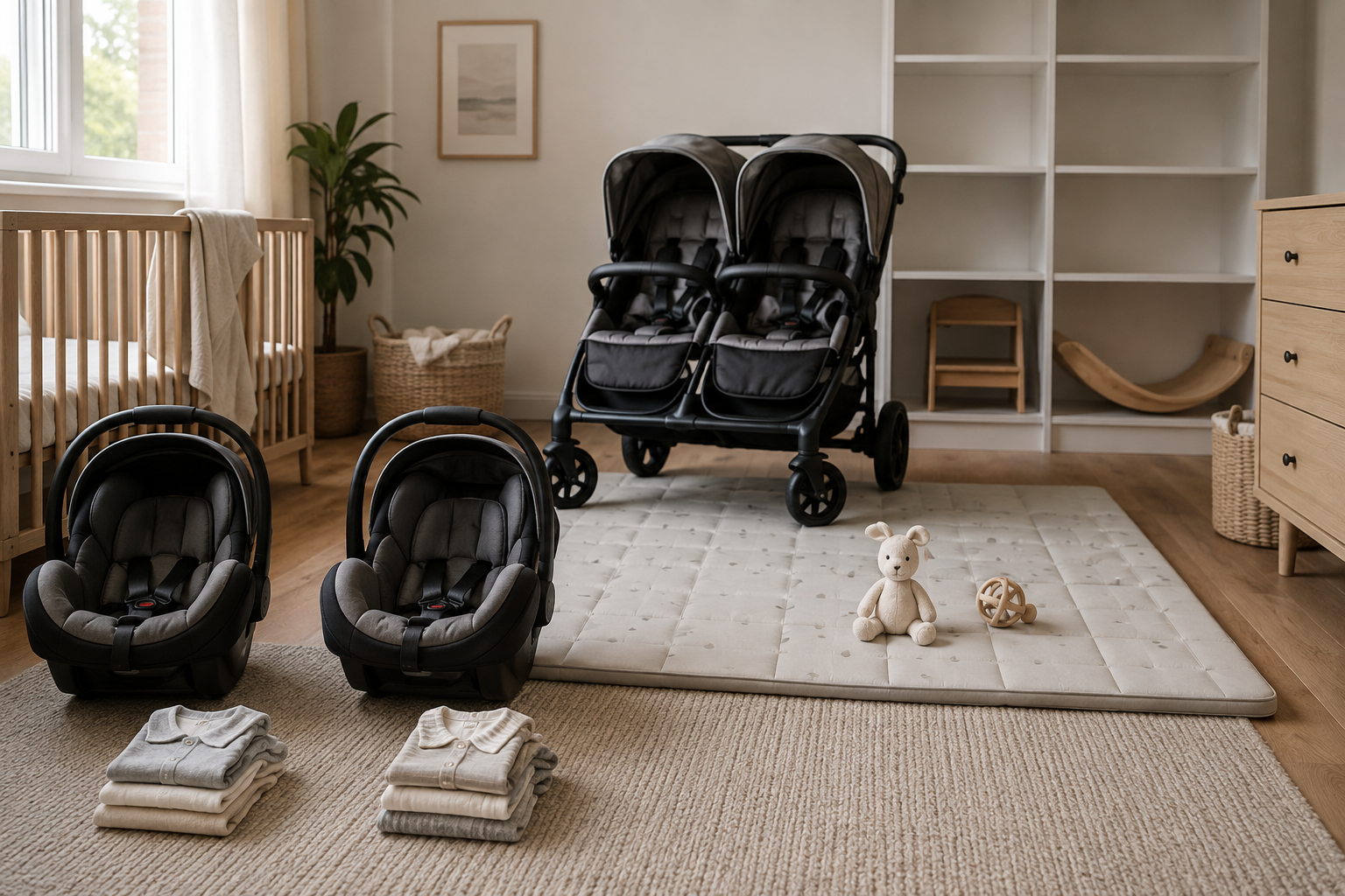 A nursery contains two infant car seats and clothing sets, a shared play mat and double stroller, and later-use items stored on a rear shelf.