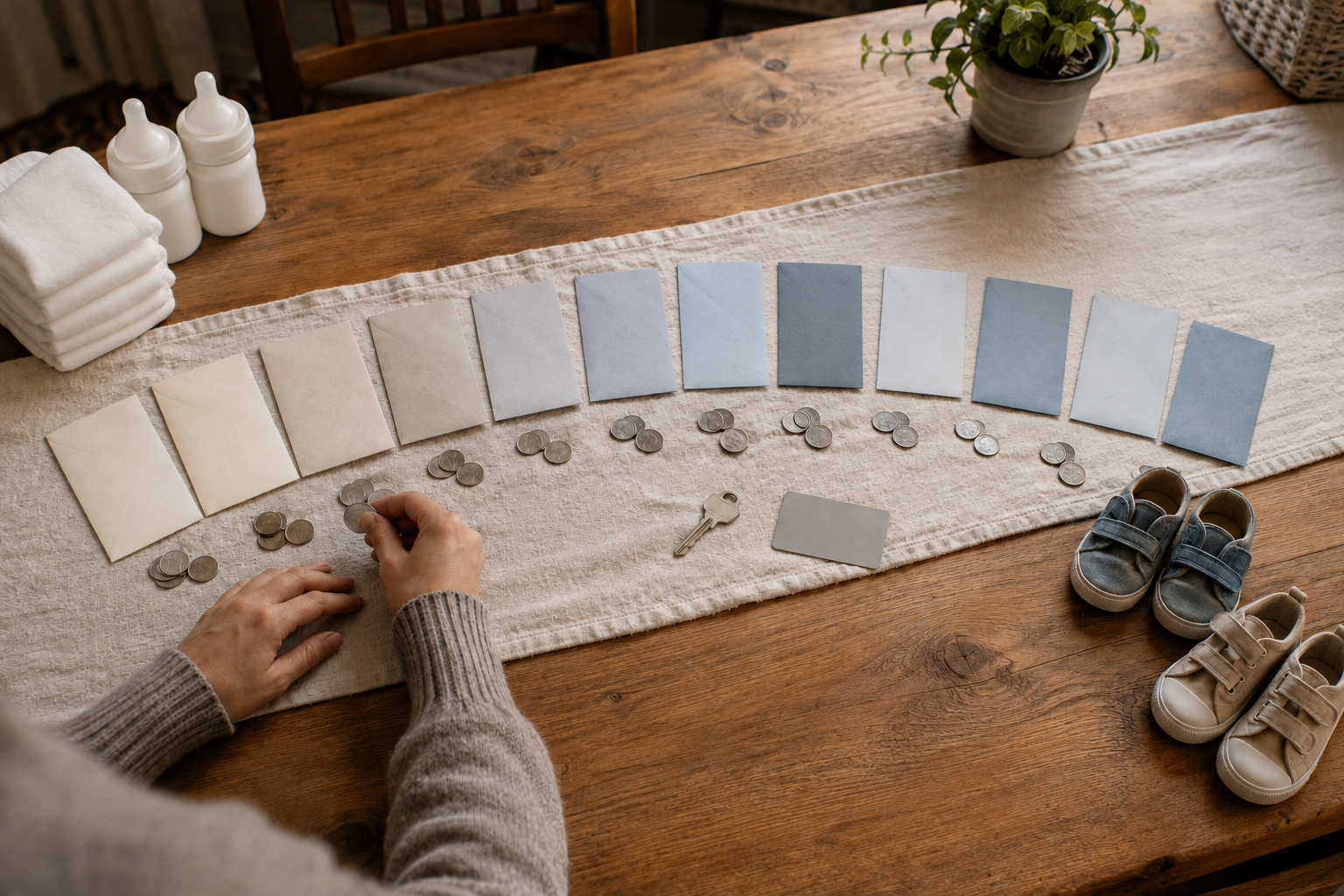 A parent's hands arrange twelve blank envelopes with coins, twin baby supplies, a house key, and two pairs of toddler shoes along a table.