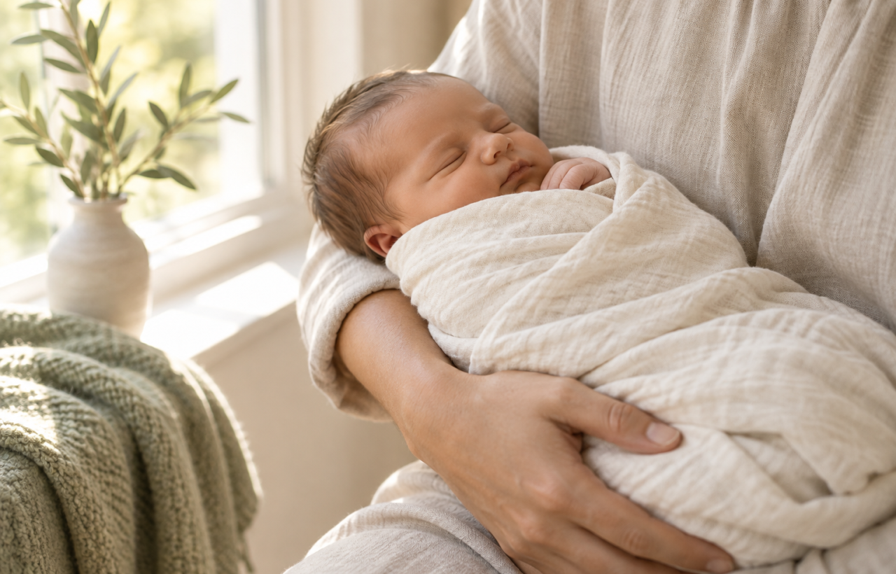 A sleeping newborn wrapped in ivory linen and held in a parent's arms near a vase with an olive branch.