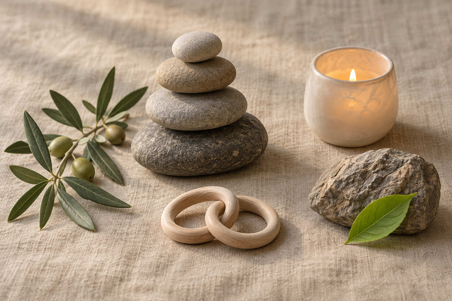River stones, wooden rings, an olive sprig, a sheltered candle, and a new leaf arranged on natural linen.