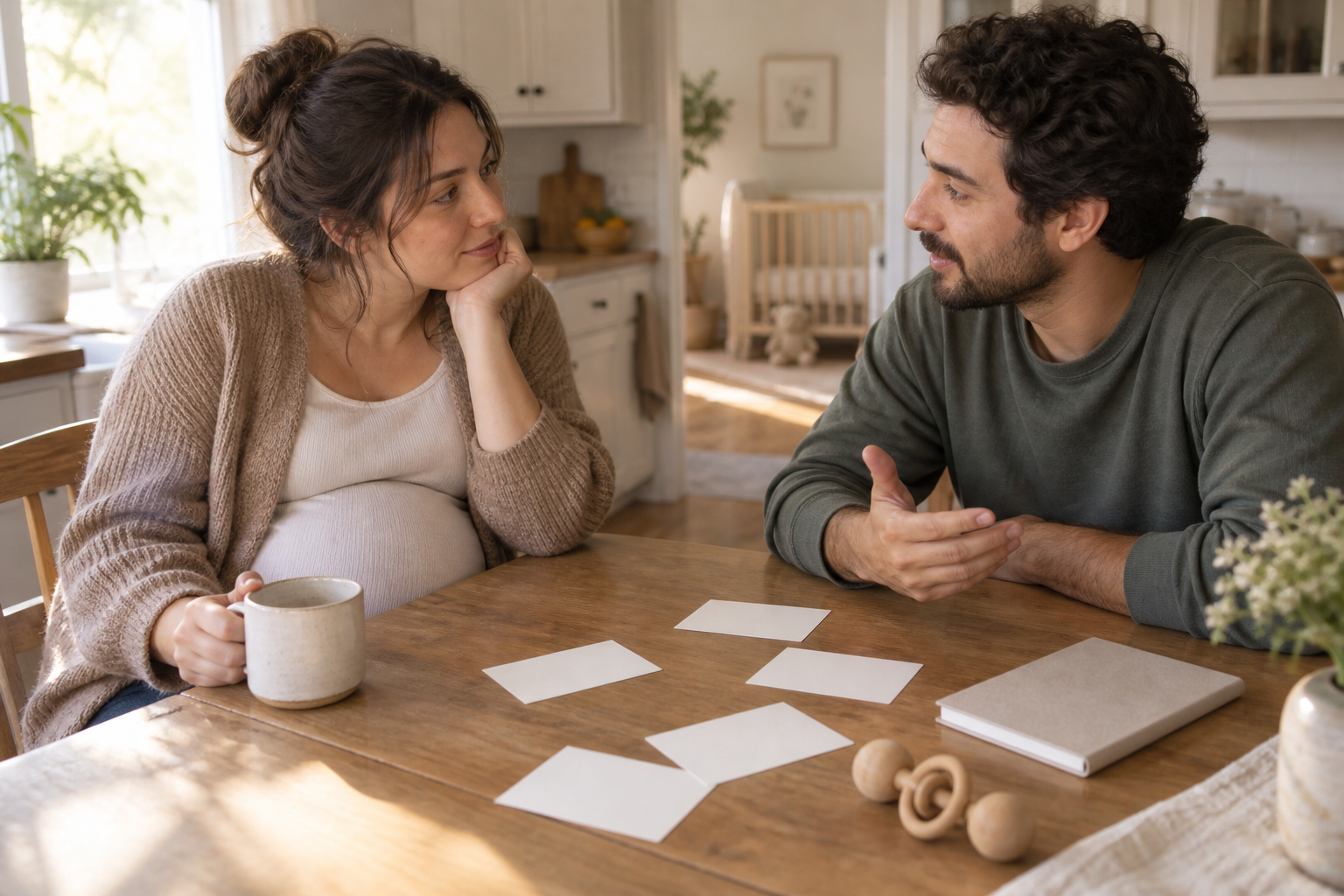 Two expectant parents talk at a kitchen table with blank cards, a mug, a wooden rattle, and a closed notebook.