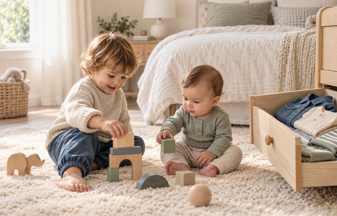 A baby and toddler in coordinated neutral outfits play on a bedroom rug beside an open drawer of folded children's clothes.