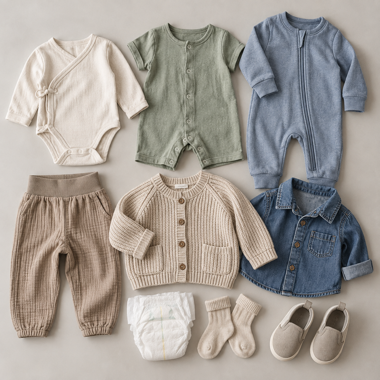 Baby and toddler garments with snaps, zippers and elastic waistbands are arranged beside a diaper, socks and slip-on shoes.