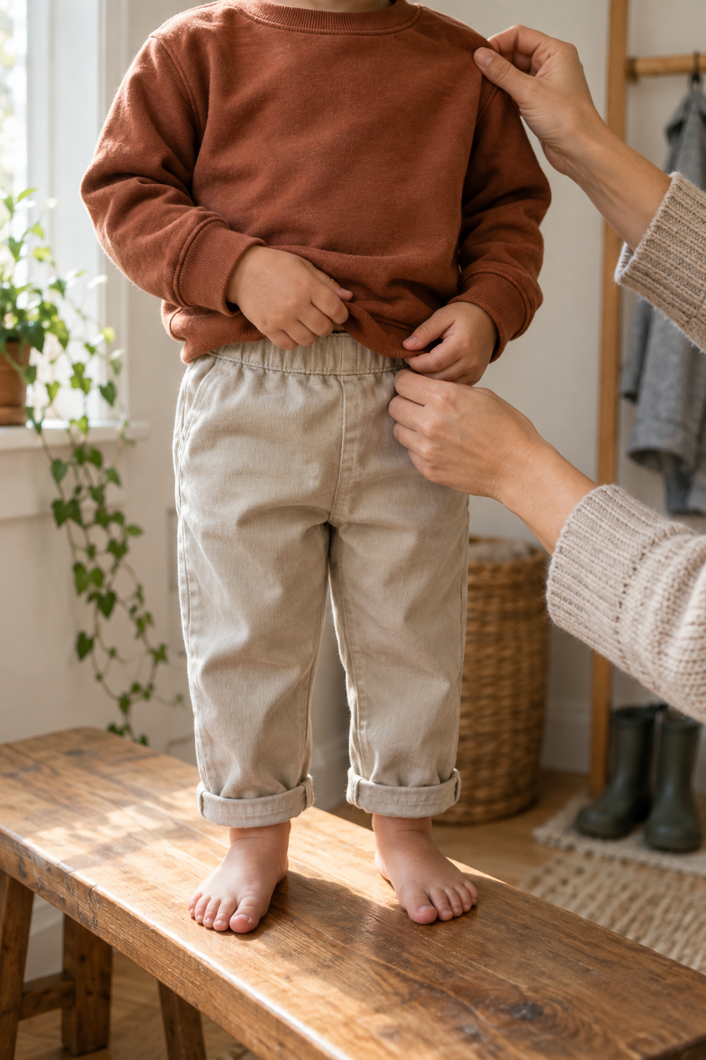 A caregiver checks room at a toddler's sweatshirt shoulder while the child wears elastic-waist trousers with one cuff rolled.