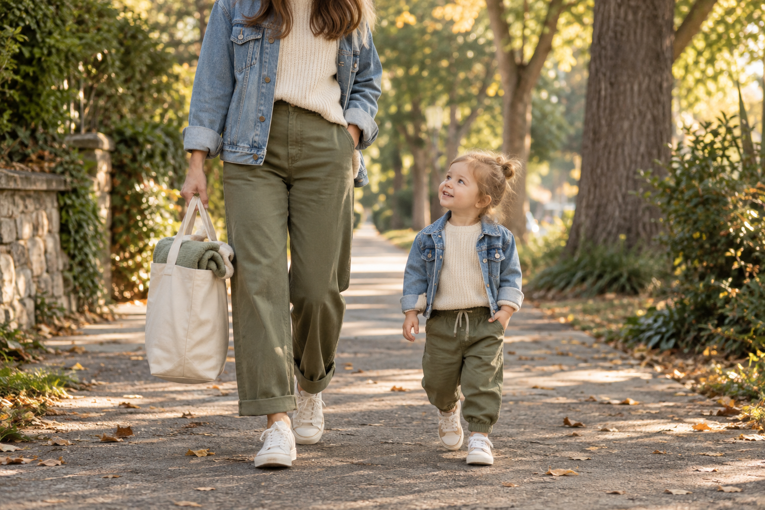 An adult and toddler walk together in complementary denim, cream and olive outfits with age-appropriate silhouettes.