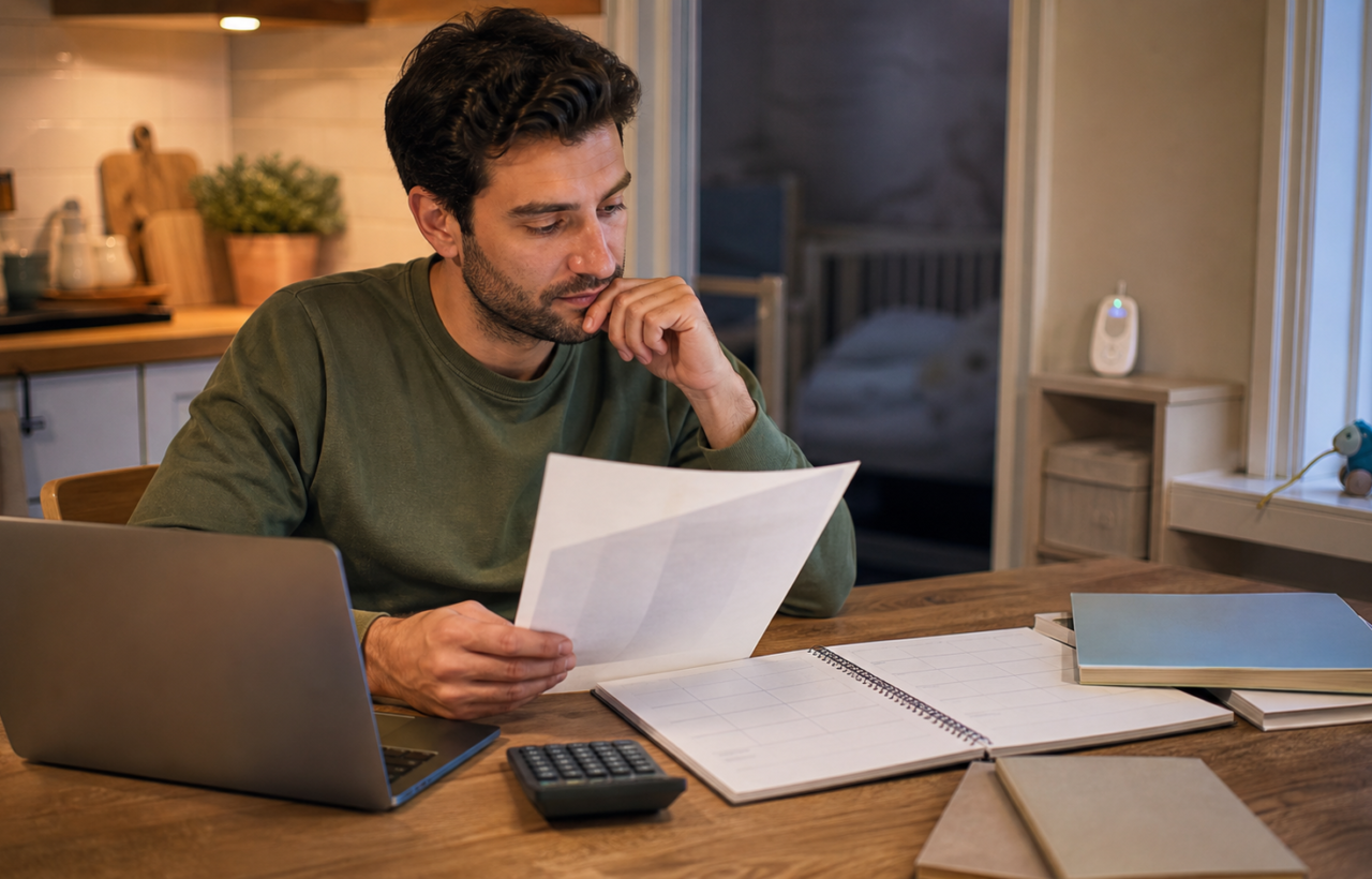 A parent at a kitchen table uses a laptop and calculator to consider career options while a child monitor and toy sit nearby.