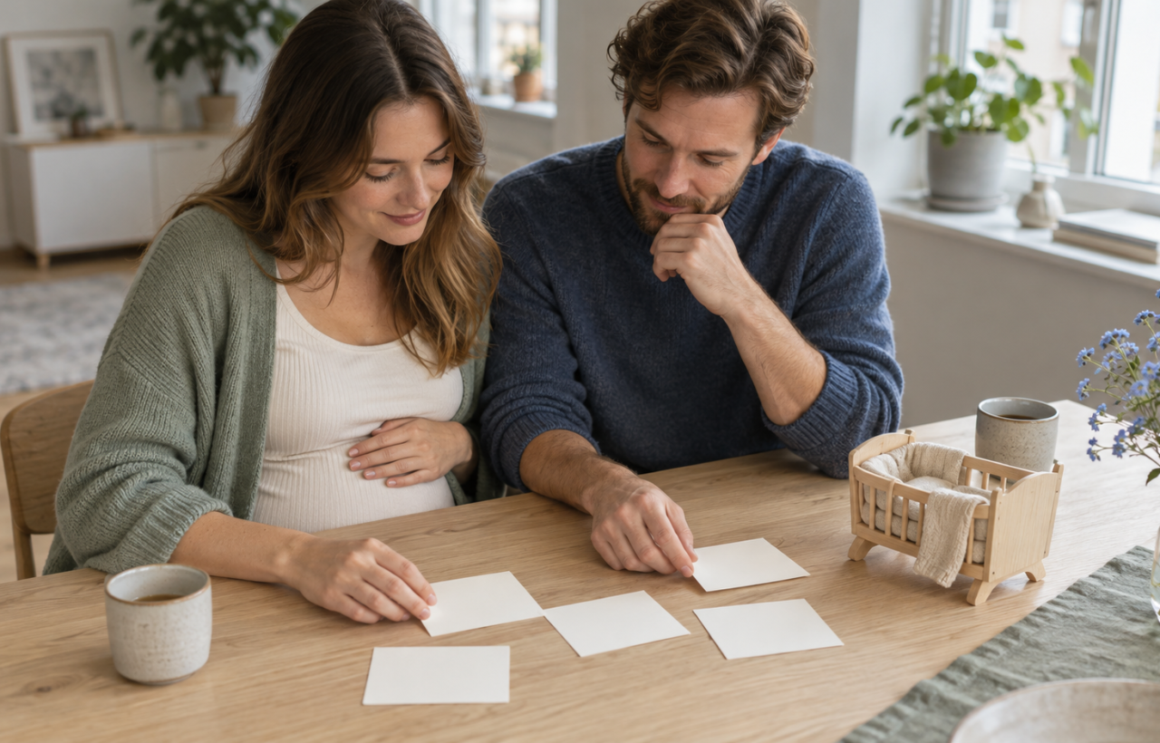 Two expectant parents sort blank cards at a light wooden table in a softly lit Scandinavian-style home.