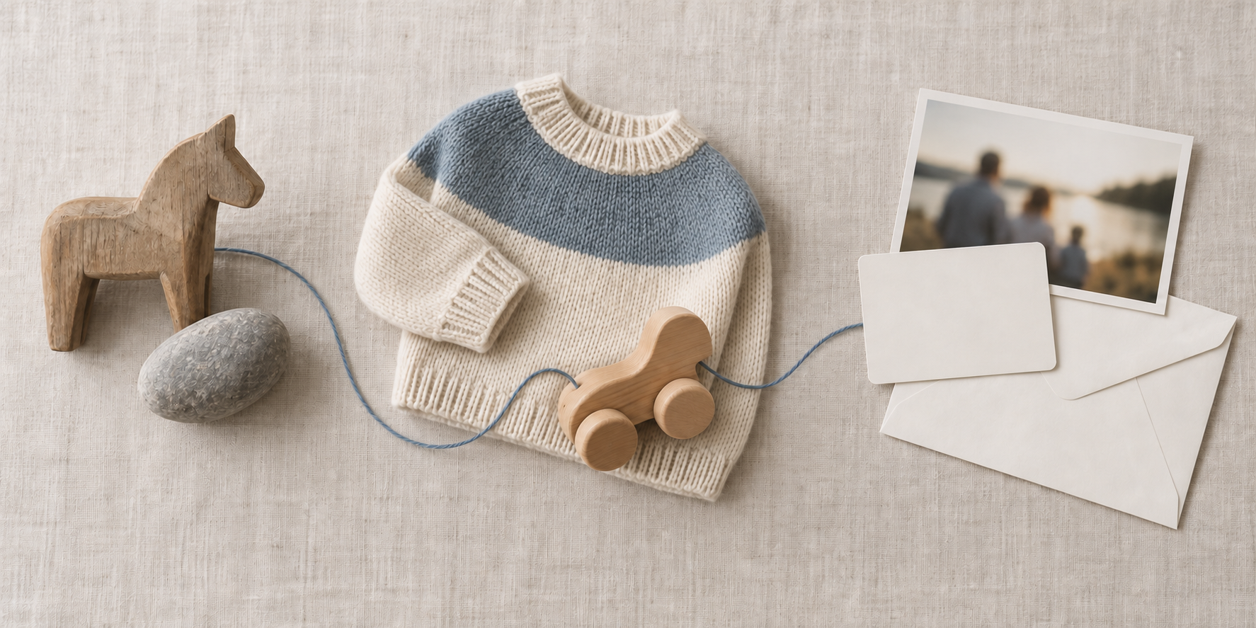 Three connected still-life groupings show Nordic craft objects, modern children's items, and blank family paperwork on a pale table.
