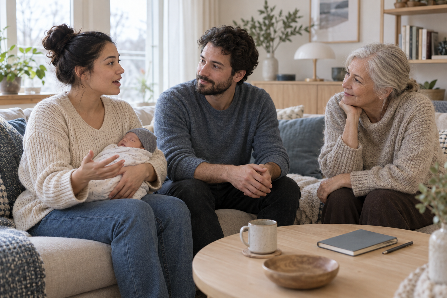A parent holding a newborn speaks with another parent and an older relative in a bright, Scandinavian-style living room.