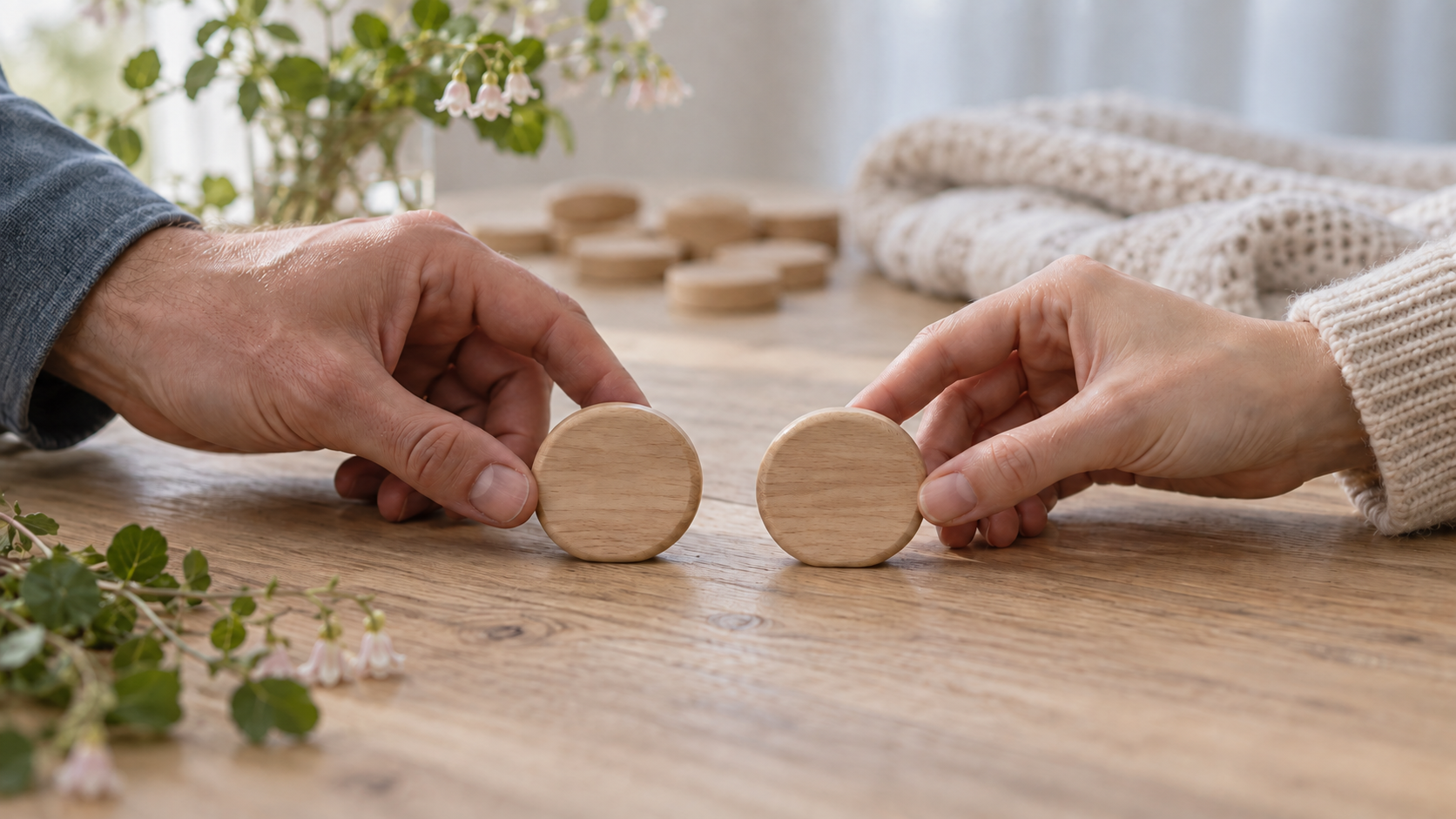 Two adult hands bring together a pair of blank wooden tokens while other tokens remain blurred in the background.