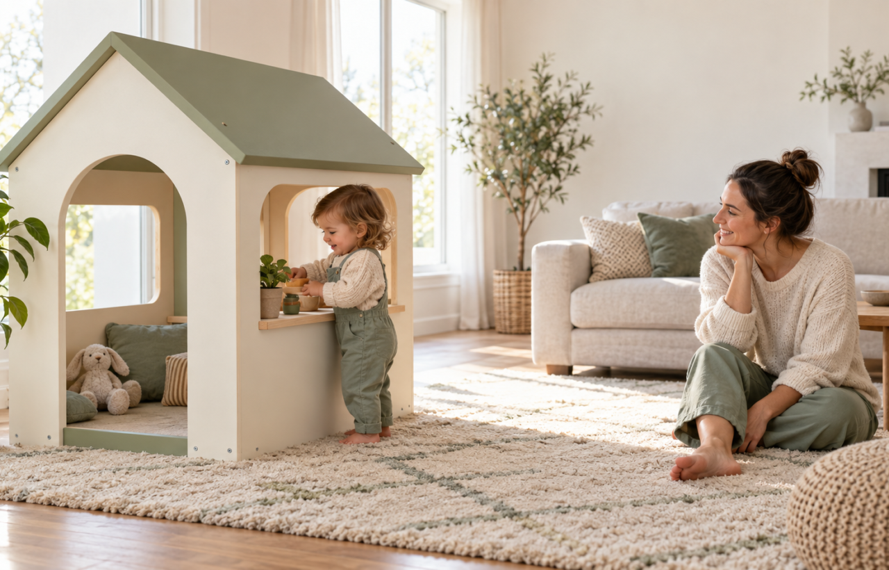 A young toddler plays at the open window of a small indoor playhouse while a caregiver supervises nearby.
