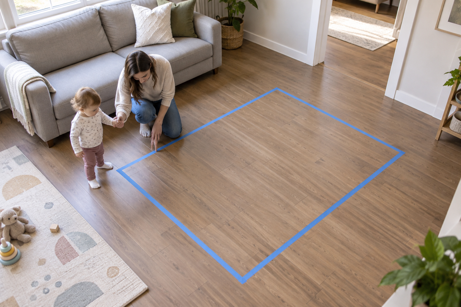A caregiver and toddler examine a taped playhouse footprint on a living room floor with clear walking space around it.