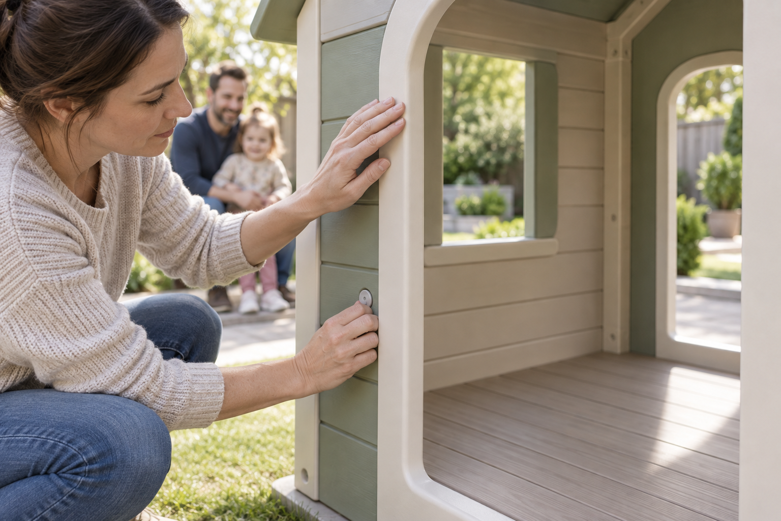 A caregiver checks the rounded edge and recessed fastener of an open toddler playhouse before the child uses it.