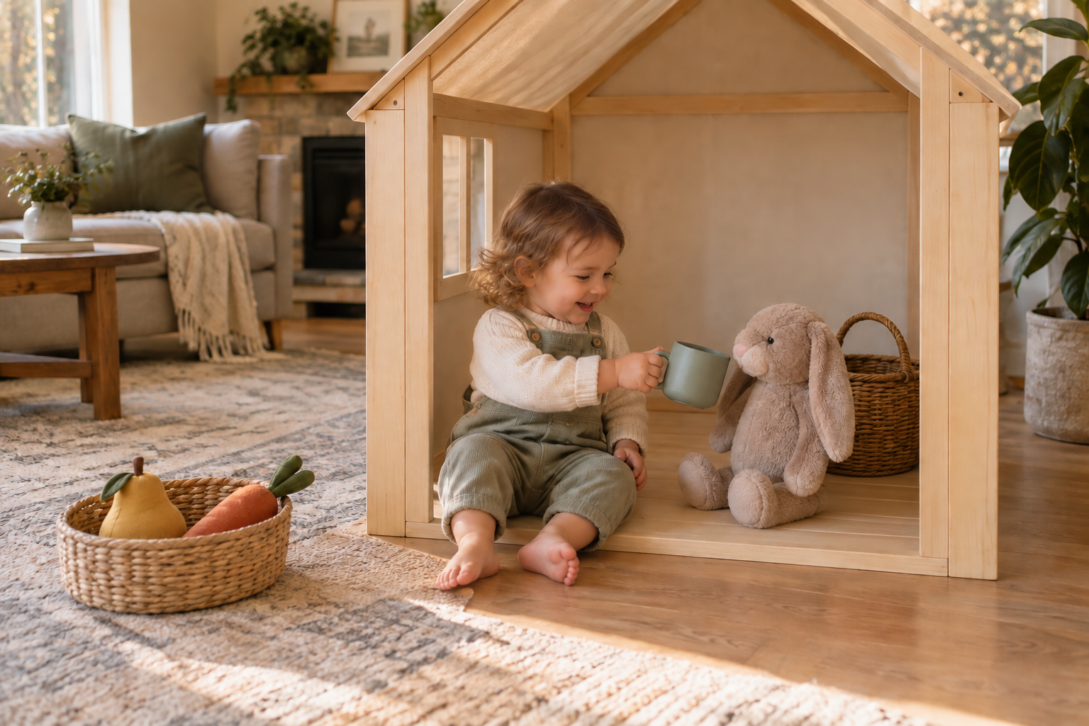 A toddler uses a few large pretend-play props inside an open playhouse with plenty of clear floor space.