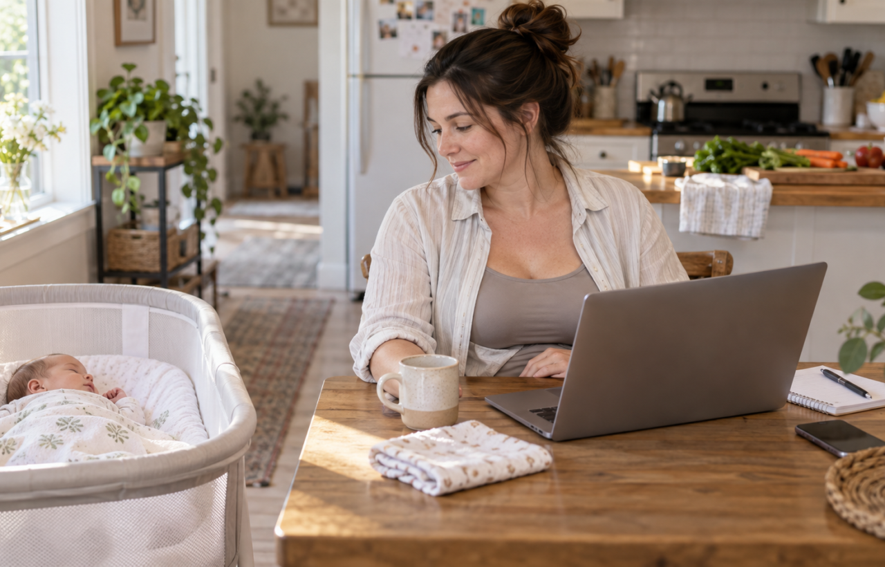 A mother works at a kitchen table while wearing breast pumps inside her bra, with her baby resting in a nearby bassinet.