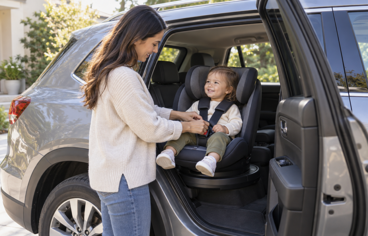 A caregiver buckles a toddler into a rotating car seat that is turned toward the open rear door of a parked car.