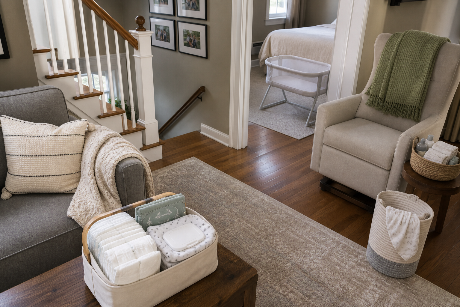 Portable newborn-care caddies and supplies placed near a sofa, feeding chair, bedroom bassinet, and laundry hamper in an ordinary home.