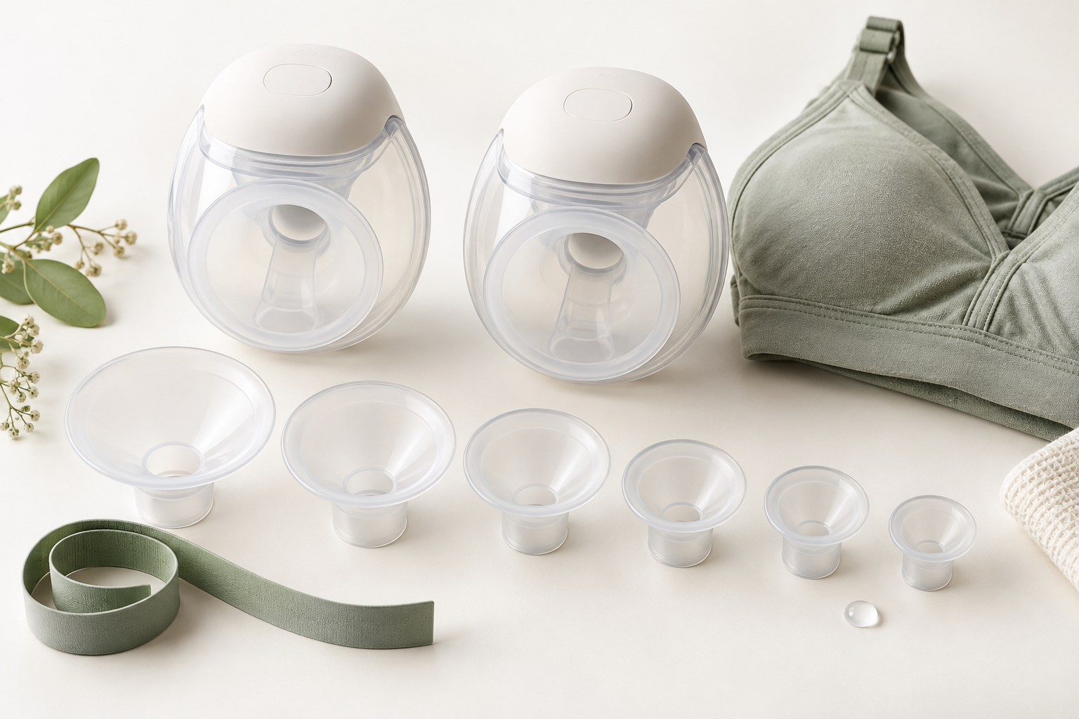 Wearable pump cups, several sizes of flange inserts, a measuring tool, and a nursing bra arranged on a light surface.