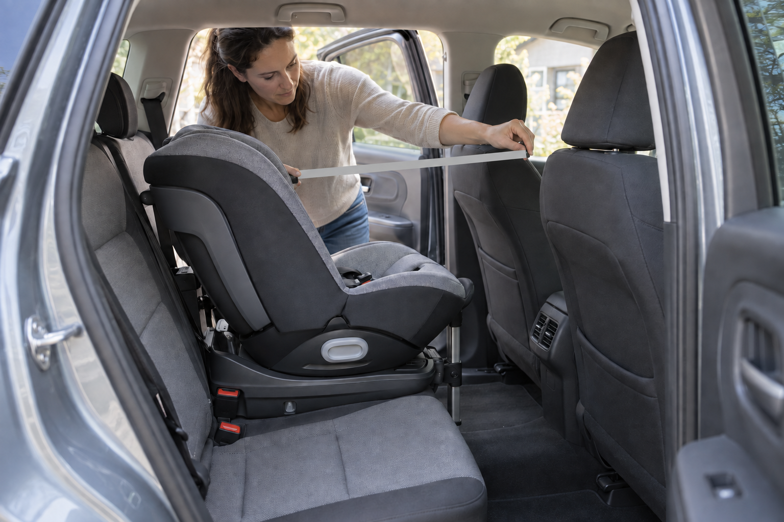 A caregiver checks the installed clearance and control access of a rear-facing rotating car seat in a compact vehicle.