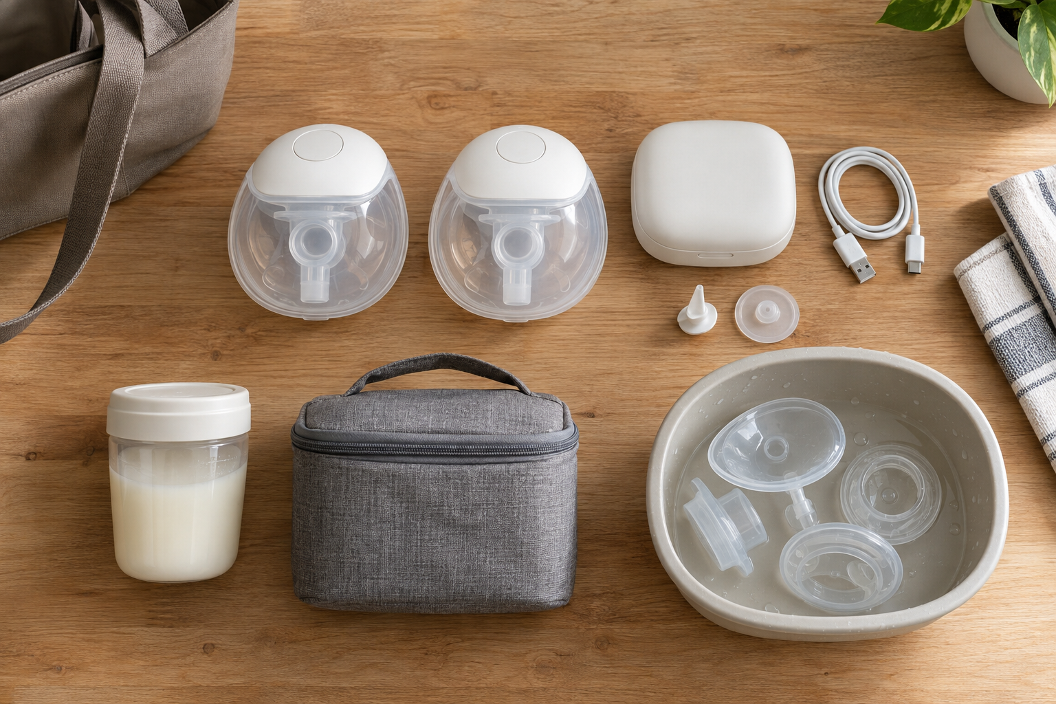 Two wearable pump cups sit with charging accessories, spare parts, milk storage supplies, and components ready for washing.