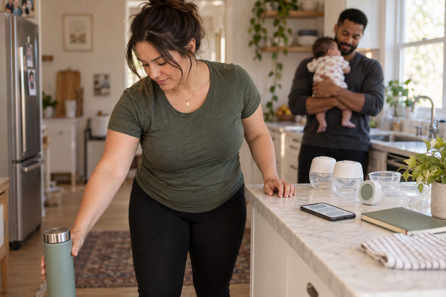A mother tests wearable pumps at home by bending and reaching while pump supplies rest on the kitchen counter.