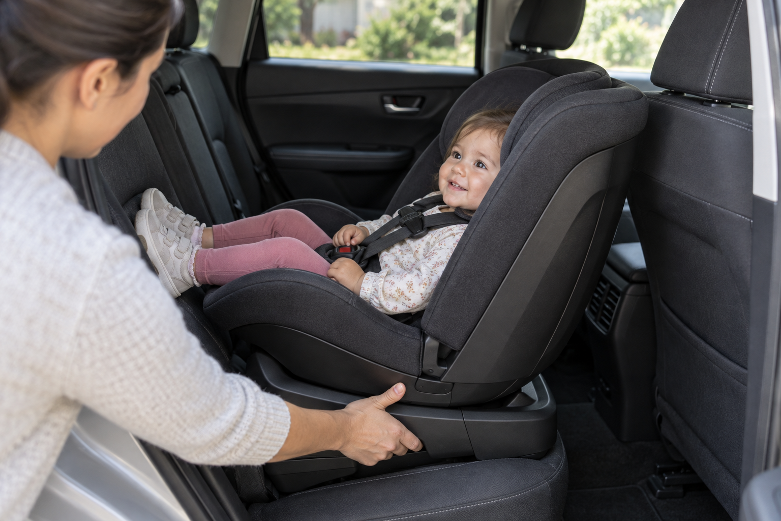 A caregiver checks that a rotating car seat is locked rear-facing after securing a child in the harness.
