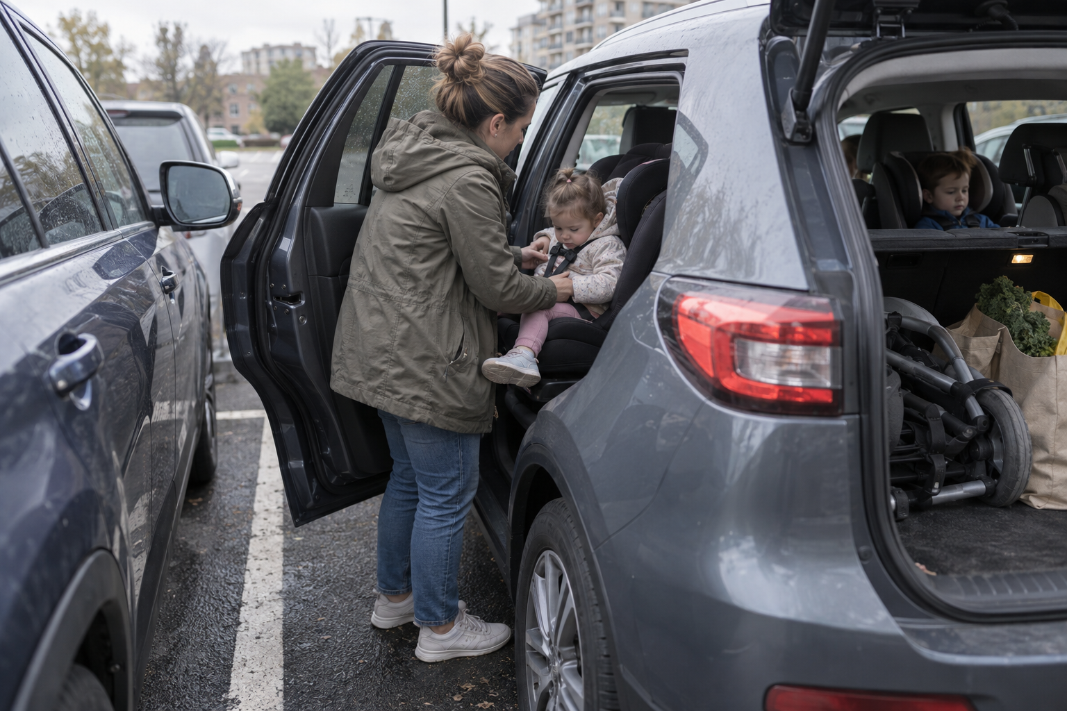 A caregiver loads a toddler into a rotating car seat through a partly open door in a narrow parking space.