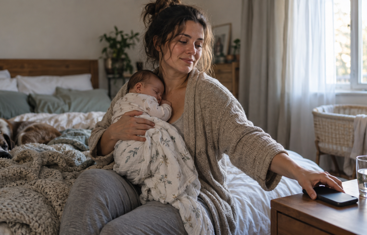 A mother holding her sleeping infant places a smartphone face down on a bedside table in a softly lit bedroom.