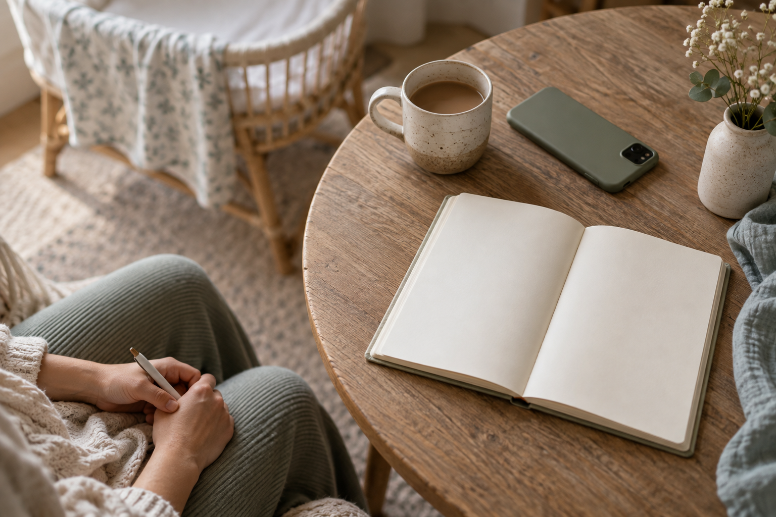 A face-down smartphone, warm mug, blank notebook, and a mother's resting hands sit near a bassinet.