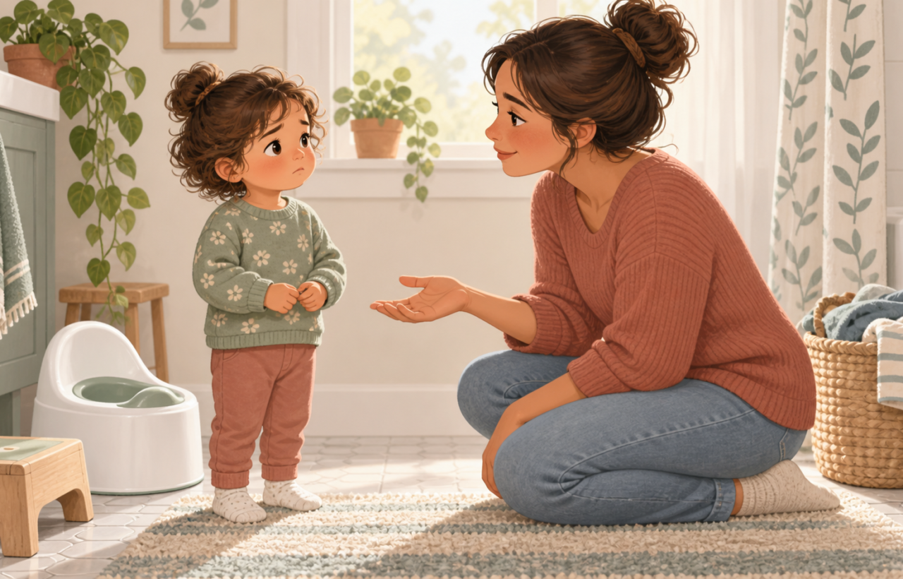 A caregiver kneels beside a hesitant toddler near a training potty in a softly lit home bathroom.