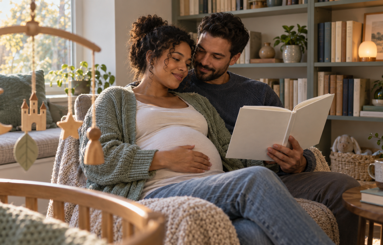An expectant couple sits in a book-lined reading nook beside a mobile decorated with generic story-inspired shapes.